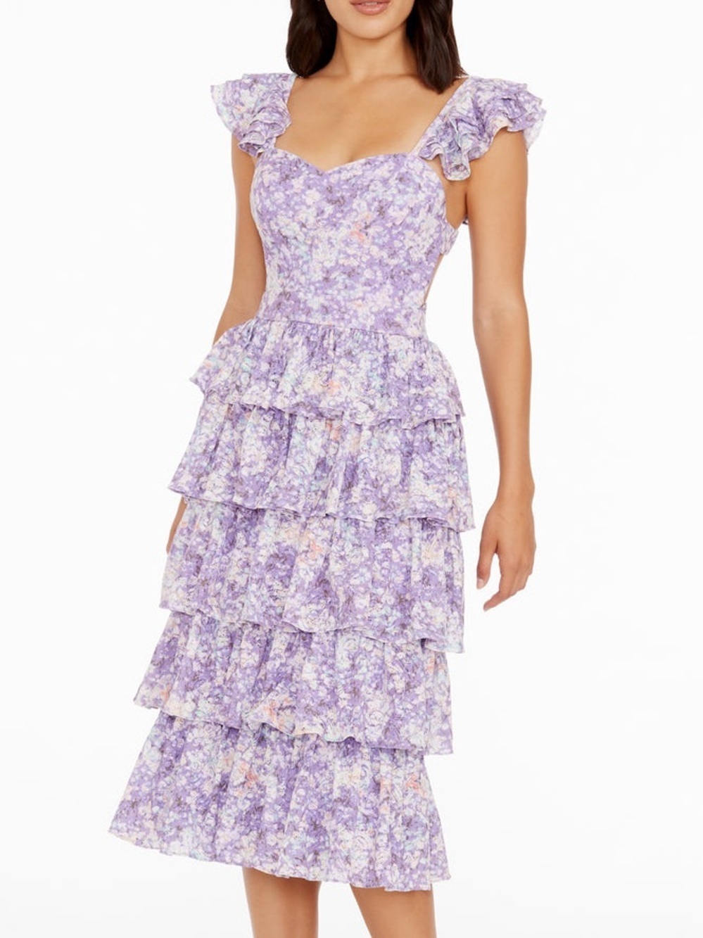 Dress the Population Kristen Midi Dress Lavender Multi XS NWT Fit Flare Tiered